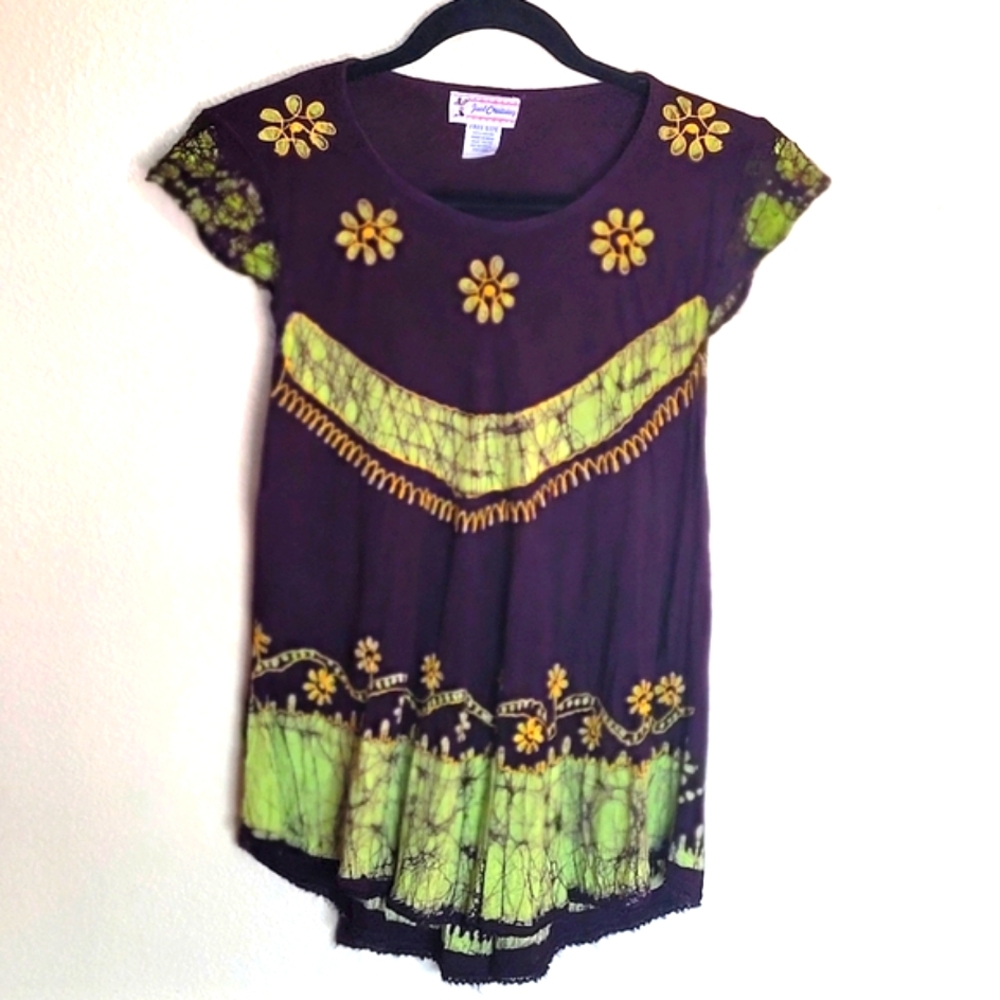 Boho Women's Top One Size Purple Green Flowy Gauzy Swingy Floral Short Sleeve